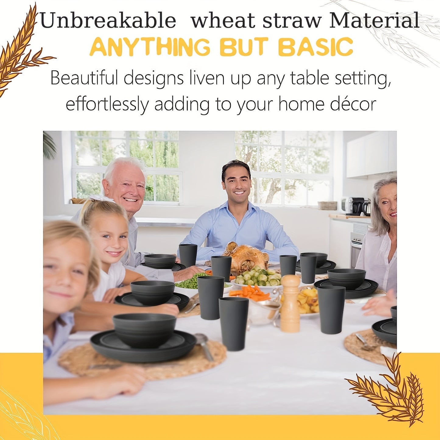 High-quality straw tableware set includes 16 unbreakable pieces that are microwave and dishwasher safe. The set consists of 8 black plates, 4 bowls, and 4 cups.