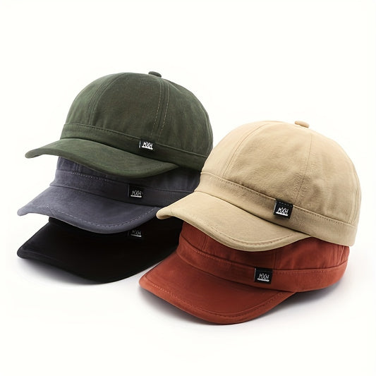 Casual style baseball cap made of 100% woven fabric with a solid color short brim, suitable for outdoor sports and travel.