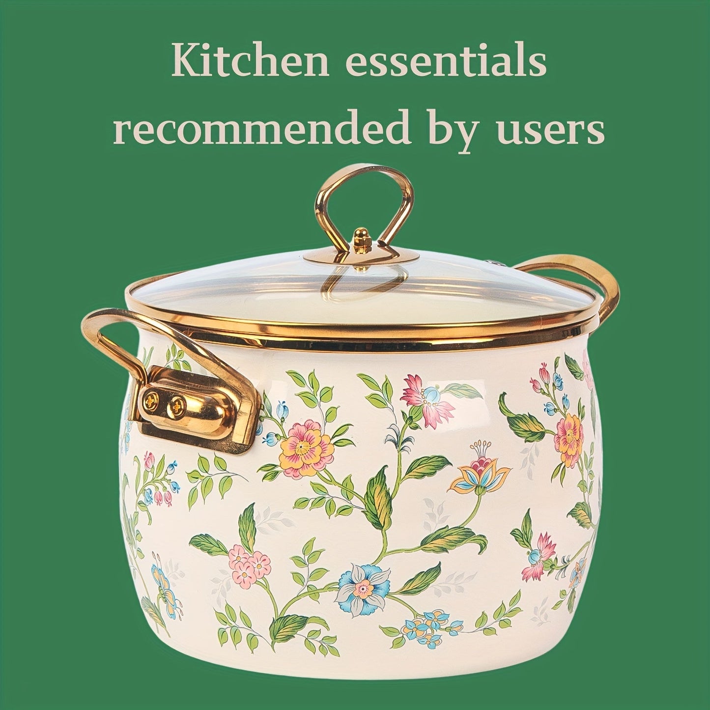 Large capacity enamel saucepan with glass lid and floral design is a non-stick, dishwasher-safe kitchen cookware with double handles. This soup pot features a golden handle for added style and convenience.