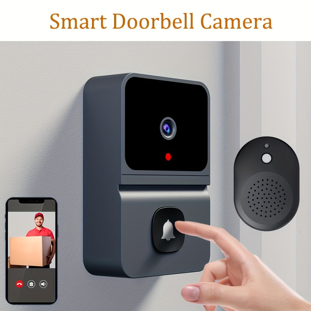 Smart WiFi doorbell with built-in battery featuring 2-way audio, night vision, USB rechargeable, low power consumption, and sleek black design. Supports 2.4G WiFi for easy home surveillance