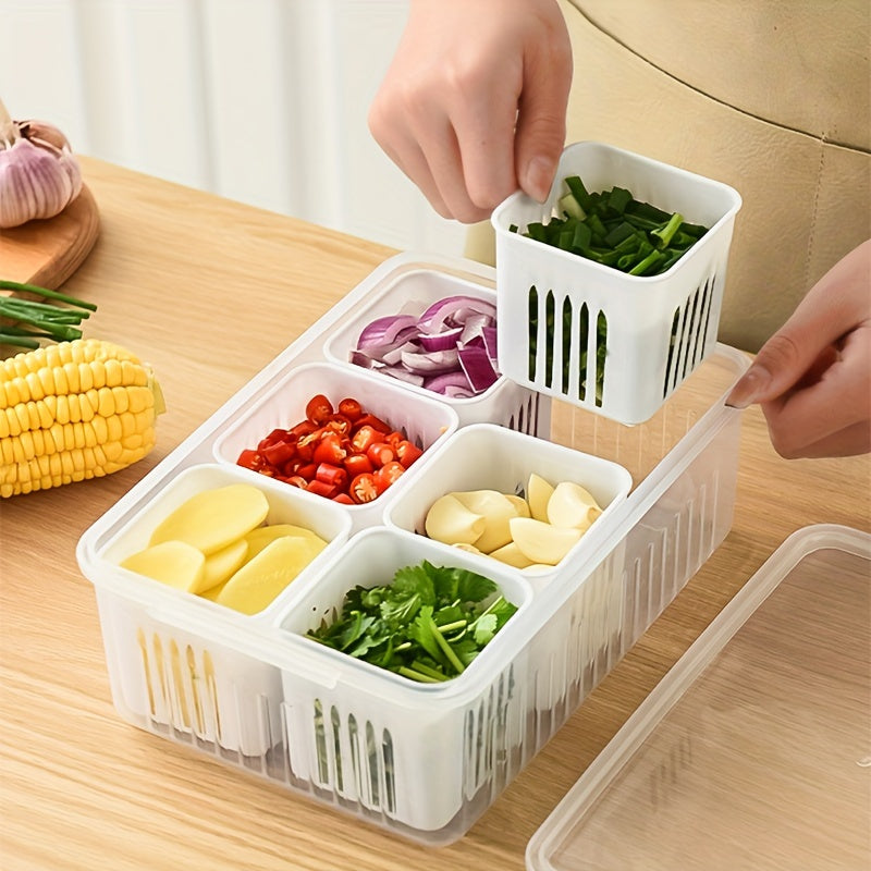 This kitchen storage box is a versatile 6-in-1 solution for keeping onions, ginger, and garlic fresh, as well as serving as a refrigerator fresh-keeping box and a fruit food draining box.