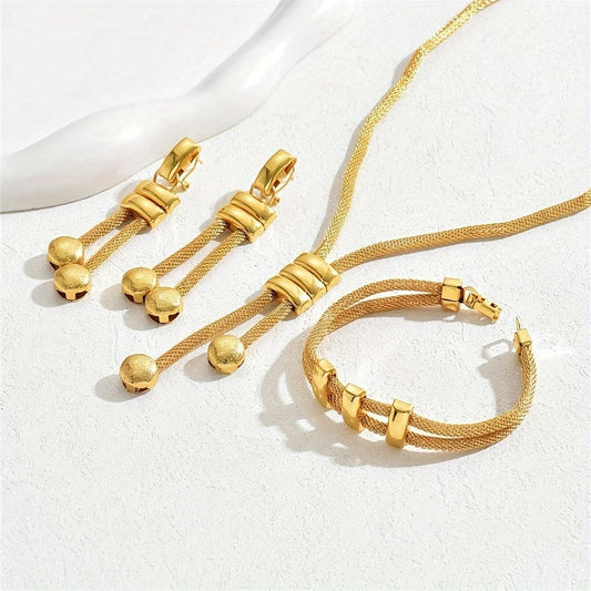 Vintage Boho Style 3-Piece Set of 14K Golden Plated Copper Jewelry, African Inspired, Featuring Necklace and Earrings for Women, Suitable for Daily and Party Wear.