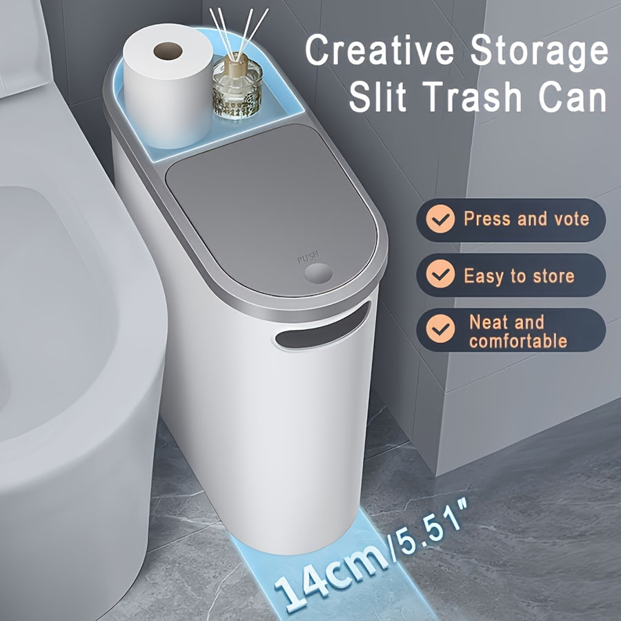 One-piece bathroom trash can with lid and slit for easy disposal. Perfect for home use.