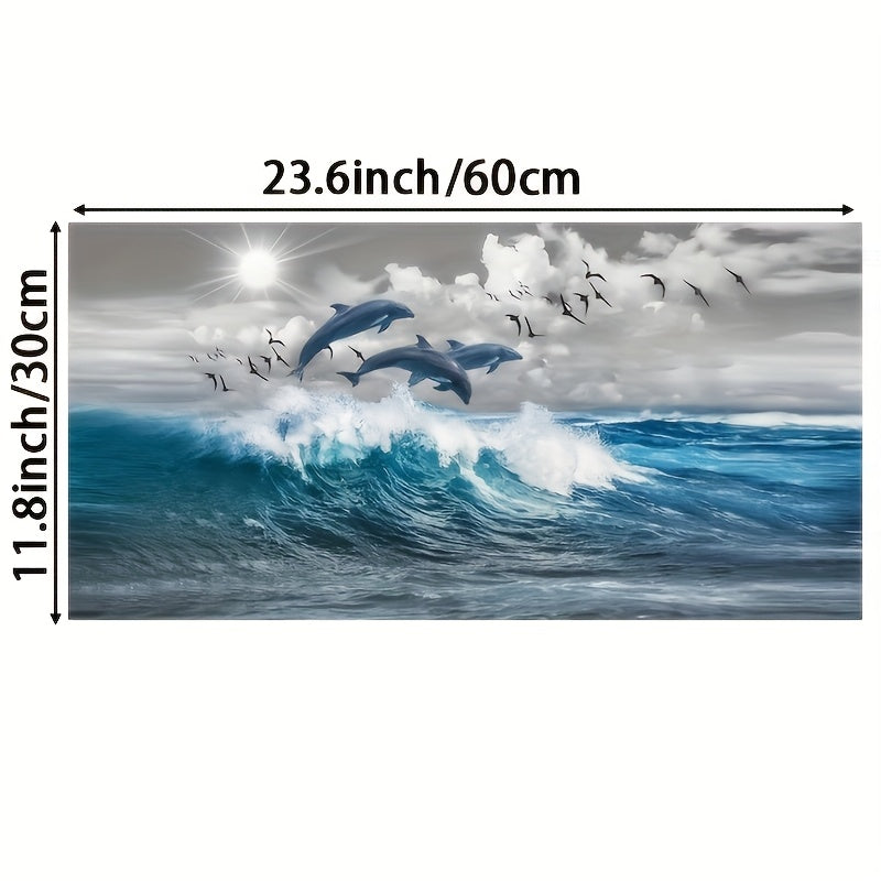 Canvas wall decoration for living room or bedroom featuring a modern blue wave design with dolphins. This large canvas art print measures 12 x 24 inches (30.64 x 60.96 cm) and comes frameless for a sleek and contemporary look. Perfect for adding a touch