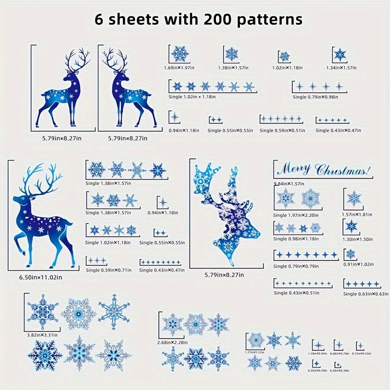 Christmas window decorations set including 5 pieces of window adsorption Christmas deer and snowflake stickers. Blue removable window decals perfect for Christmas party decoration.