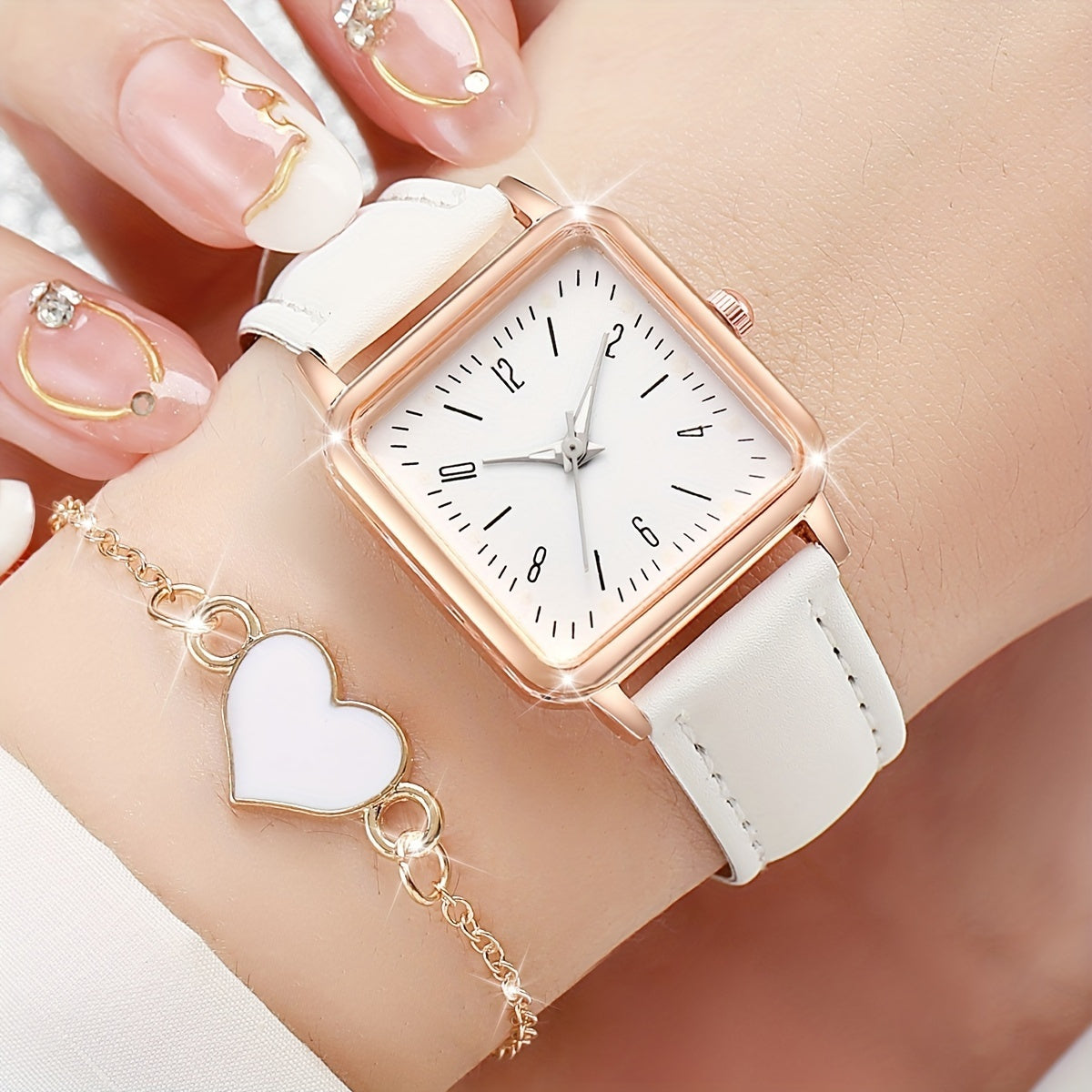 Black and white pink square ladies quartz watch set with 6 pieces, watch box not included.