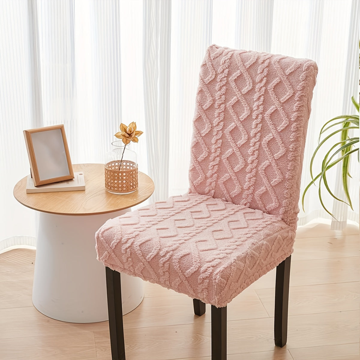 Elastic chair cover with double-sided jacquard design for home decor.