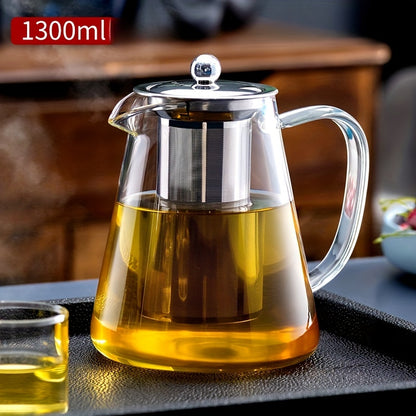 Chic glass teapot with stainless steel infuser – durable, dishwasher safe, ideal for brewing tea on gas stoves at home.