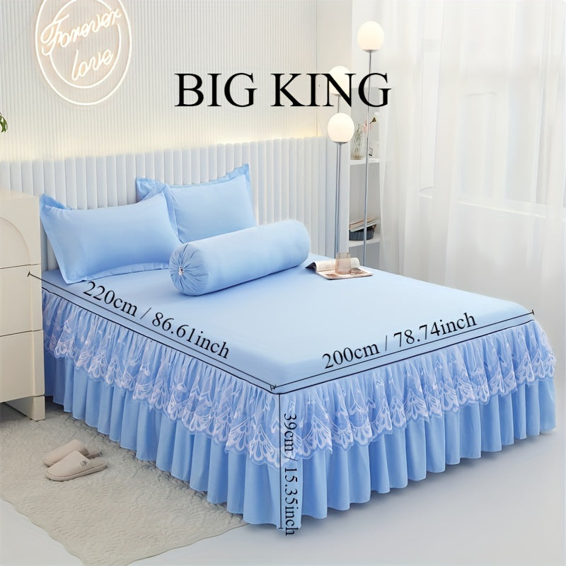 Chic 3-Piece Bed Skirt Set Featuring Double Layer Lace - Comes with 1 Bed Skirt and 2 Pillowcases, in a Solid Color. Non-Slip and Perfect for All Seasons, this Set is Machine Washable for easy care.