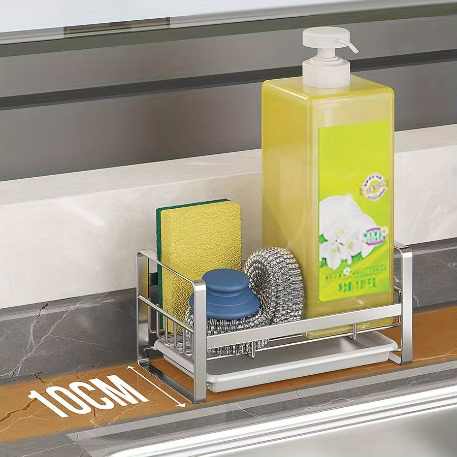 Get organized in the kitchen with this stainless steel drain rack. Stocked with essential items including a sponge wipe, steel wool ball, hand soap, sink cover, dish soap, dishwashing brush, and shelf.