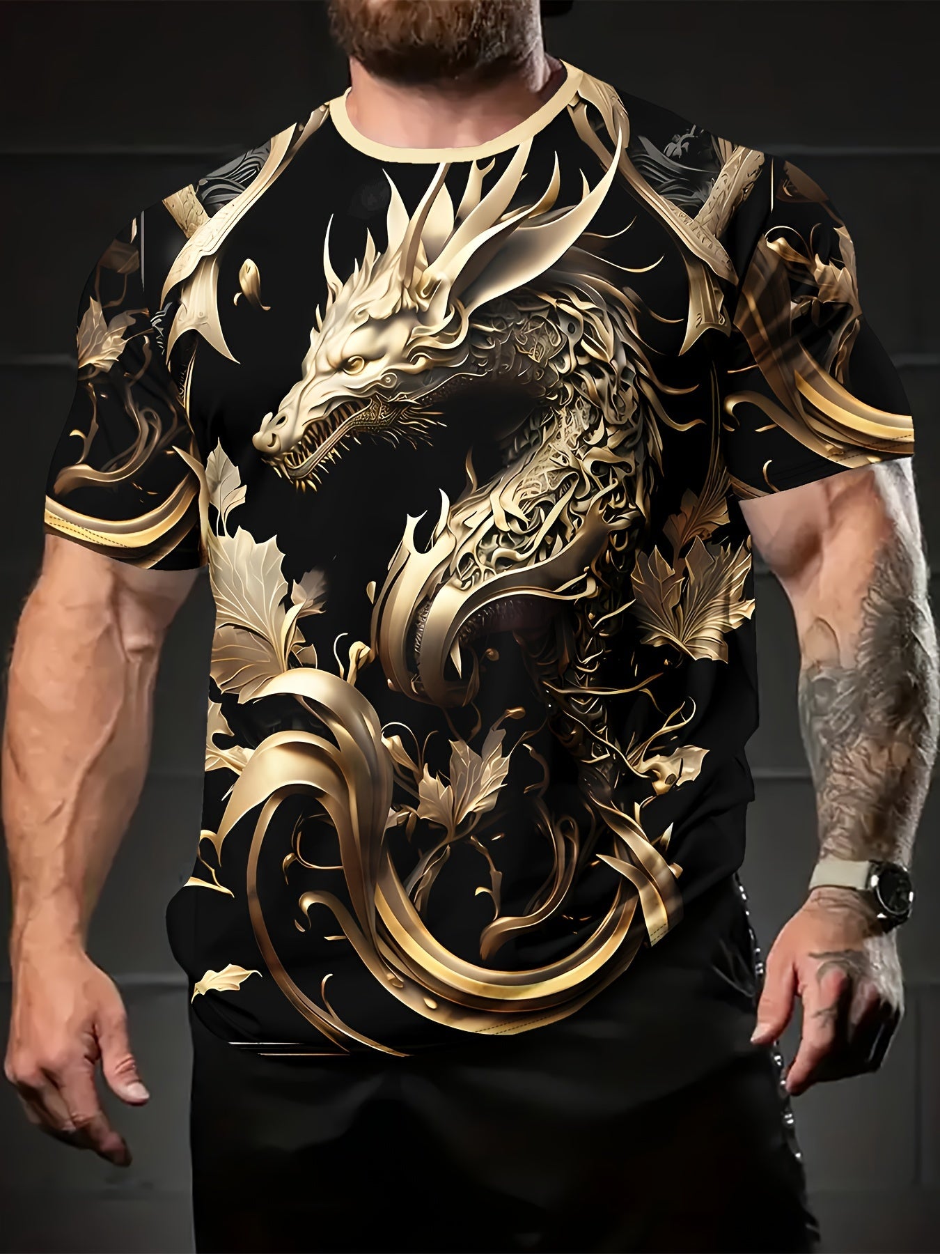 Men's Dragon Graphic Print T-shirt, Short Sleeve Crew Neck Tee for Summer Outdoorwear.