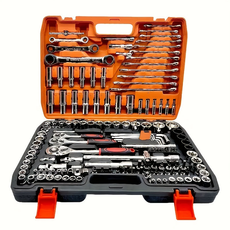 High-quality car repair kit includes essential tools for automotive maintenance and repair, featuring quick ratchet wrenches and mechanical repair tools, battery-free.