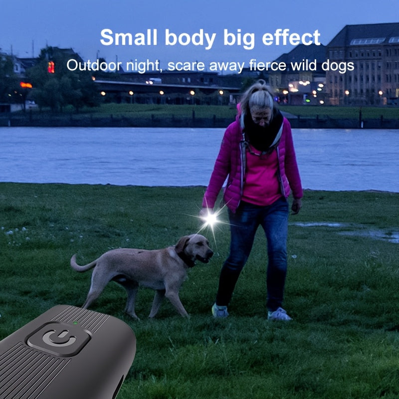 Portable Soundwave technology Dog Bark Deterrent Device with LED Light, USB Rechargeable, Indoor & Outdoor Anti-Barking Trainer. Sleek design with compact perforated speaker cover. Indoor