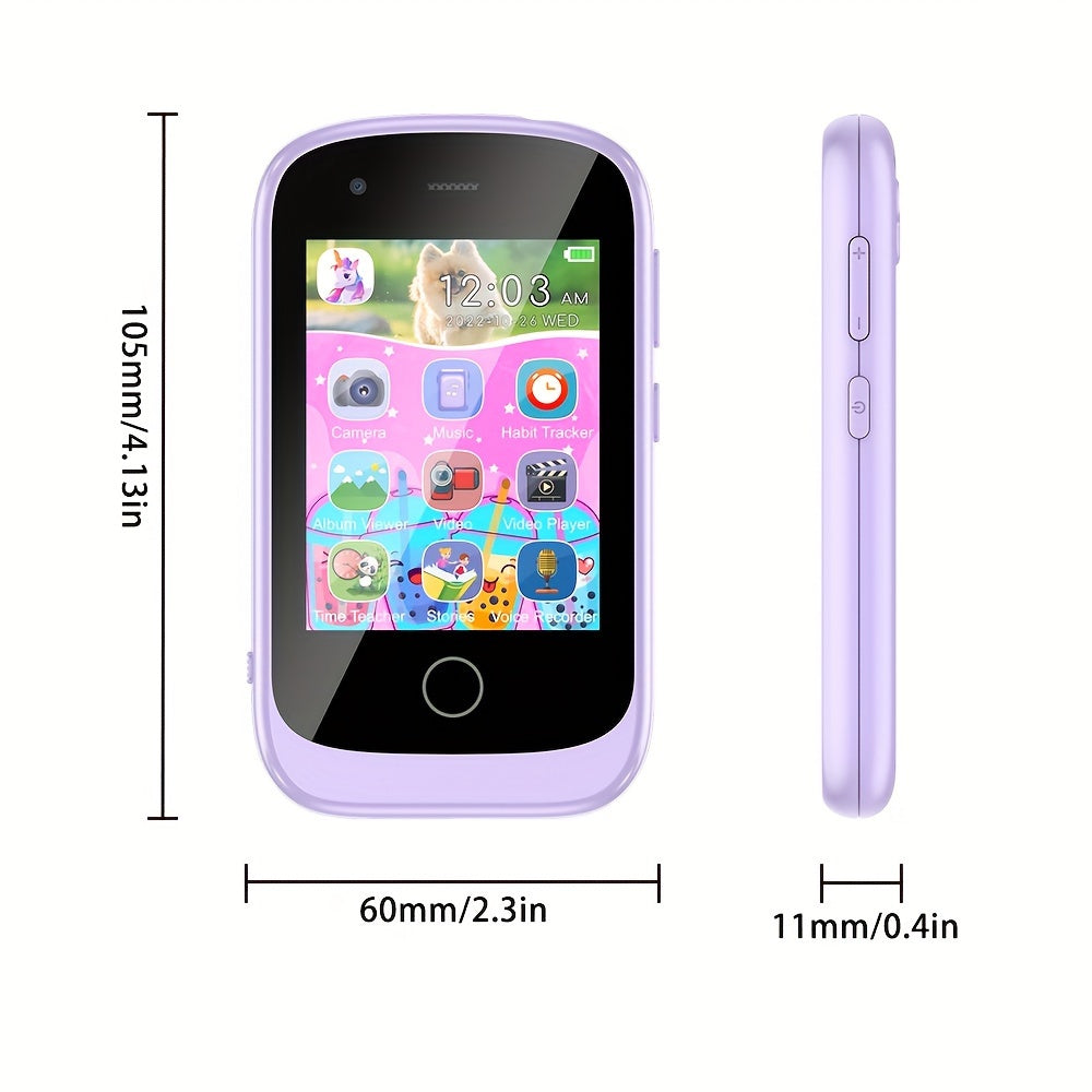 Kids Smart Phone Toy with 2.8-inch HD screen, puzzle games, storybooks, video recording, music player, camera, painting, flashlight, alarm clock, USB charging, rechargeable battery, PC