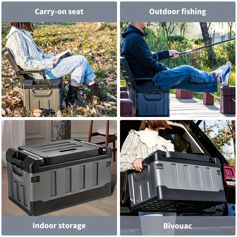 Foldable car storage box with large capacity for clothing, toys, and camping essentials, suitable for various vehicle models and outdoor use. Can also be used as a fishing box for car