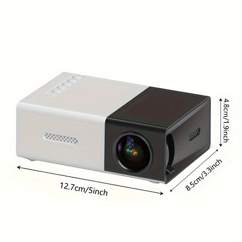 Small 1080P home theater projector with remote control, LCD display, tabletop mount, 3D capability, and compatibility with USB, AV, iOS, Android, and European outlets.