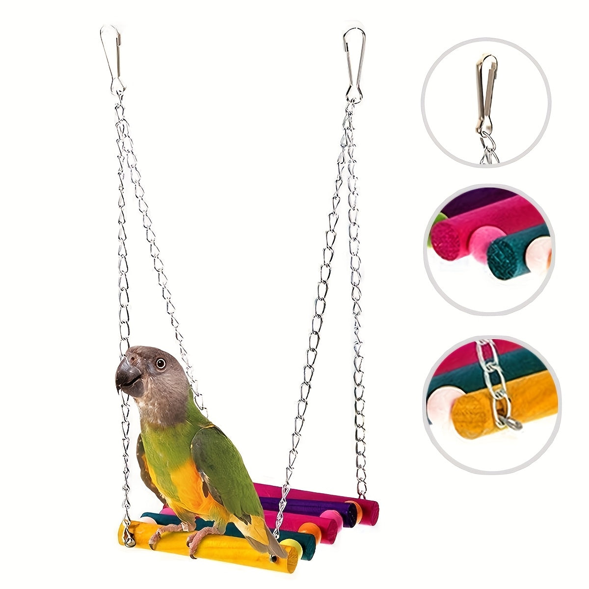 Colorful wooden bird swing toy for parrot perch, chew plaything, and cage accessory.