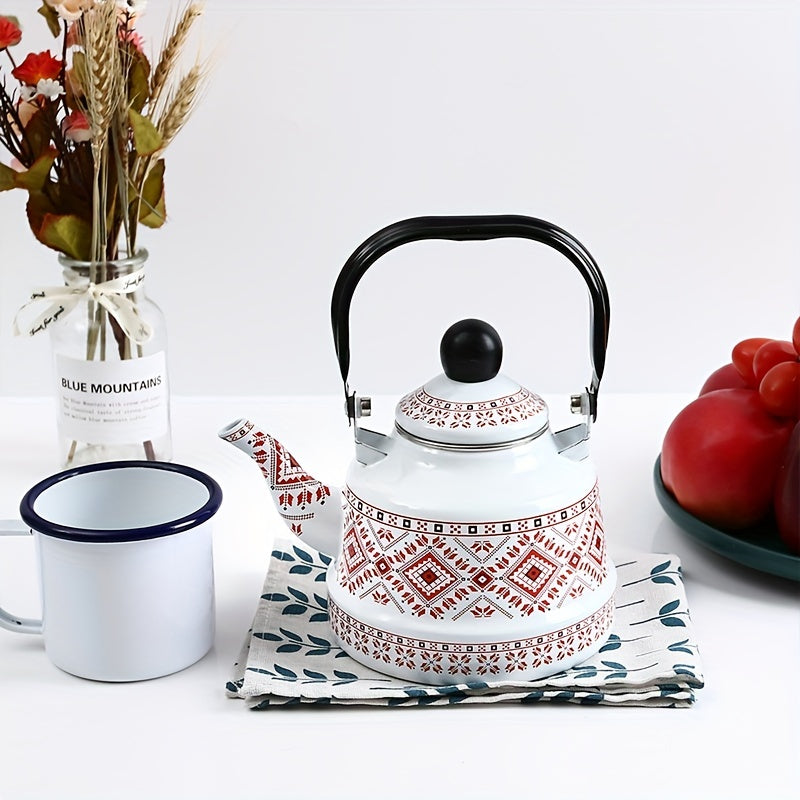 Enamel Hot Water Kettle with Geometric Print and Memory Flower Design, 1.1L capacity, suitable for household use. Features Ancient Clock and Target design. Versatile kettle suitable for brewing tea, coffee, or other beverages. Combines Middle Eastern and