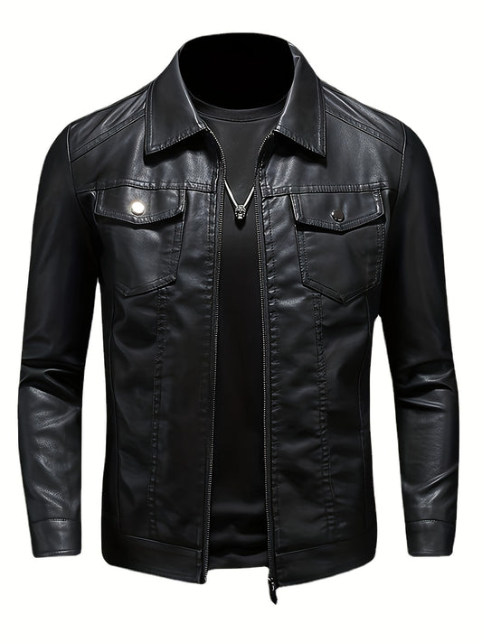 Men's PU Leather Jacket with Pockets, Stylish Zip Up for Autumn & Winter