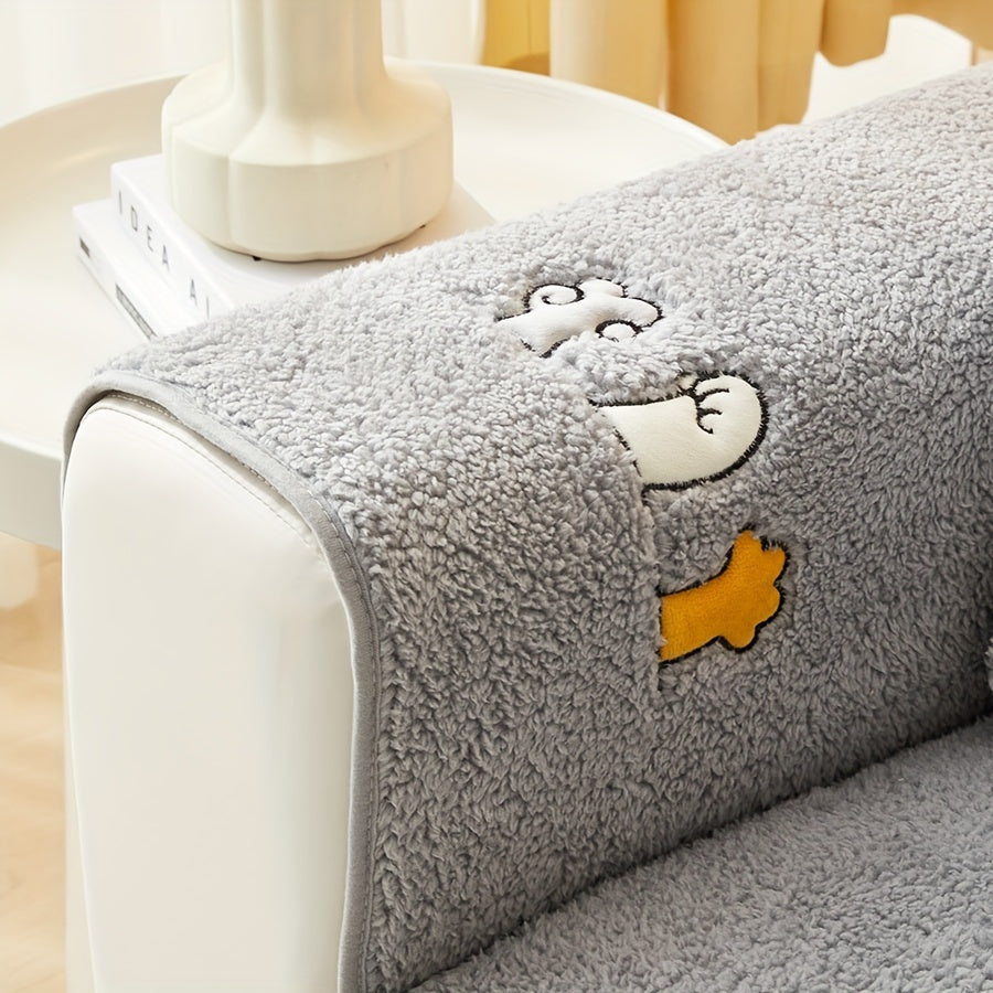 Luxurious faux lamb plush sofa cover for winter, pet-friendly and machine washable. Provides scratch protection and fits single to four-seater sofas, bedroom, and cushion.