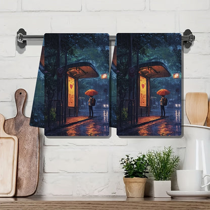 Set of 2 Ultra Soft Kitchen Towels featuring an Anime Boy Waiting at a Bus Stop with Heart Shaped Umbrella for his Date. Highly Absorbent Dish Hand Towels for Holiday Decor, Machine Washable, 16x24 Inch - Item Number 2KYSYS1215129