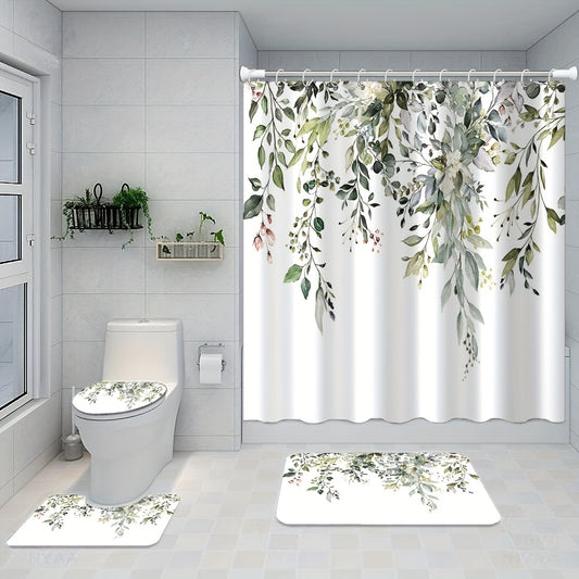 Green Eucalyptus Leaf Shower Curtain, 1 piece, measures 180x180cm, includes 12 plastic hooks for easy installation. Enhance your bathroom decor with this fresh plant design.