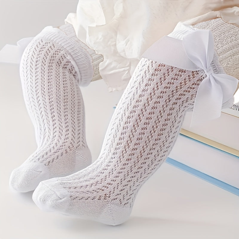 Girl's Bowknot Knitted Crew Socks, Mesh Cotton Blend