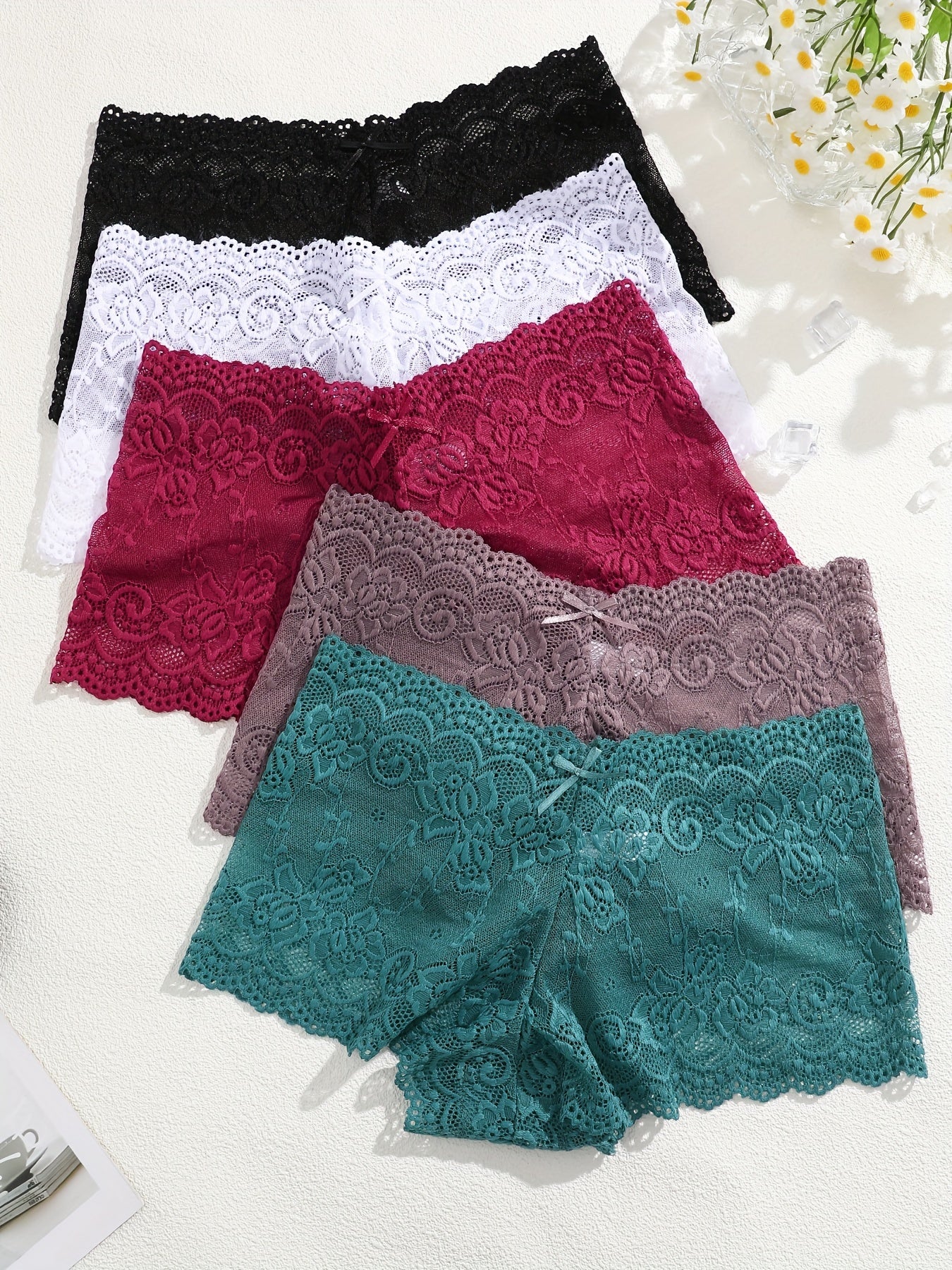 5 Floral Lace Panties: Sexy, Comfy, Mid-Rise Scallop Trim Lingerie & Underwear