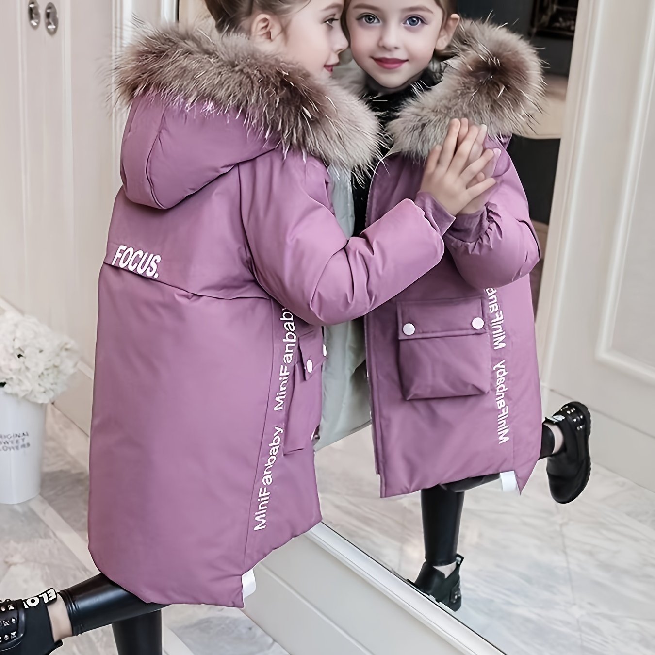 Girls' Elegant Winter Parka with Faux Fur Trim, Alphabet Pattern, Zipper Placket, Dipped Hem, Raglan Sleeves - Perfect for Skiing & Outdoor Activities.