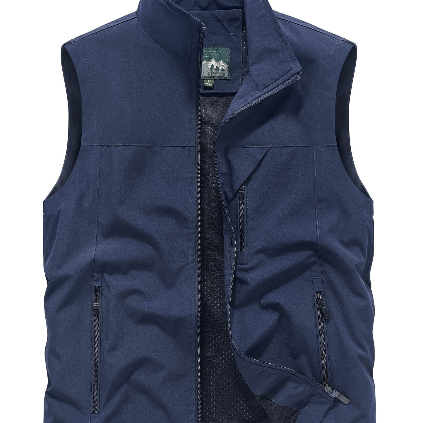 Men's Sleeveless Jacket with Zipper Pockets, Stand Neck Vest for Outdoor Activities.