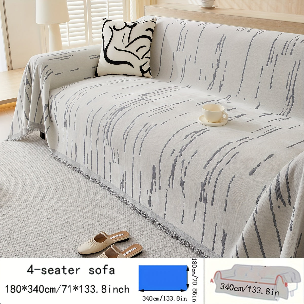 Chenille sofa cover with tassels – Reversible, pet-friendly, non-slip, thick fabric protector for all seasons. Ideal for living room, kitchen, and cafe decor.