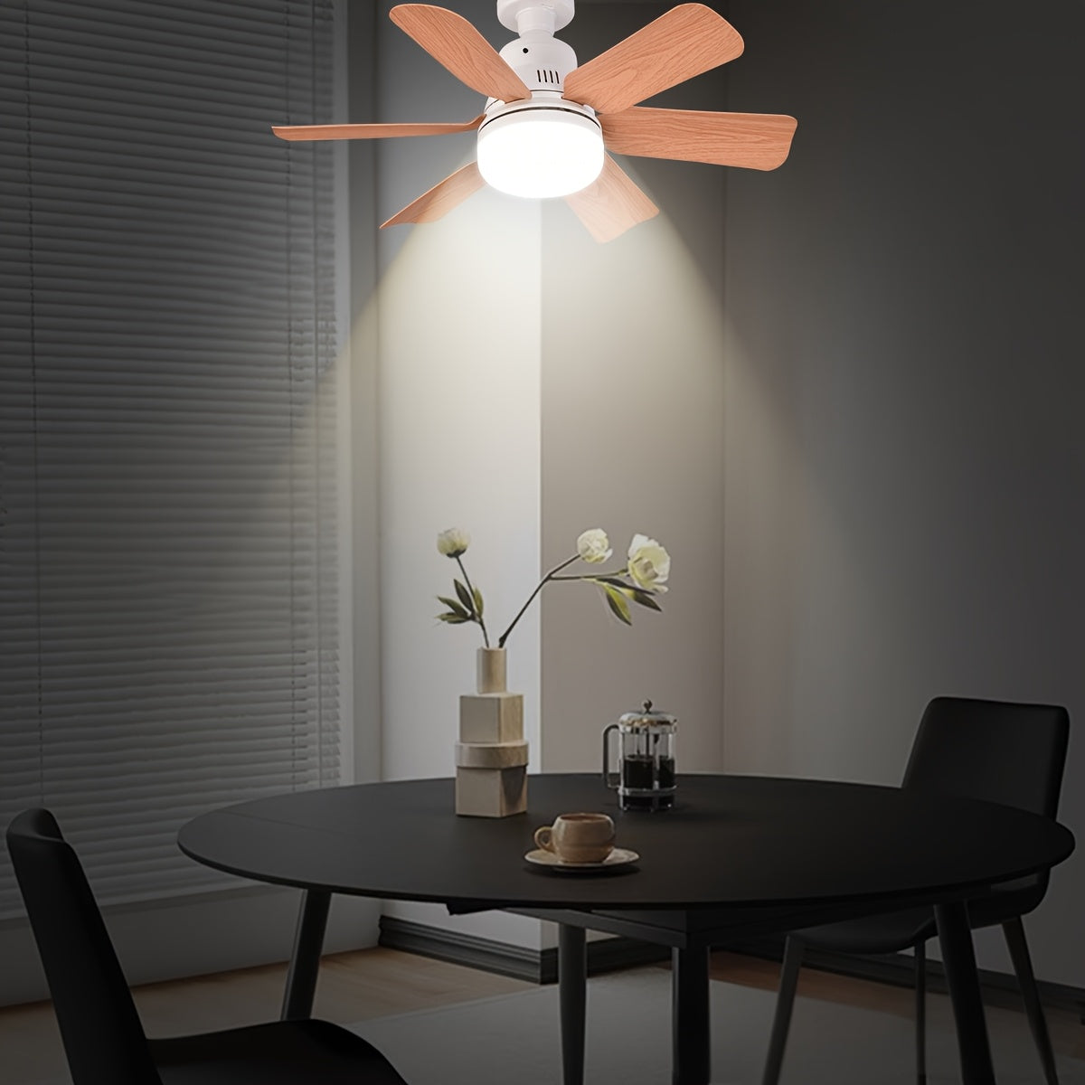 Wood Grain LED Ceiling Fan Light with Remote Control, 5 wooden blades, suitable for multiple rooms, cool & warm light modes, easy installation.