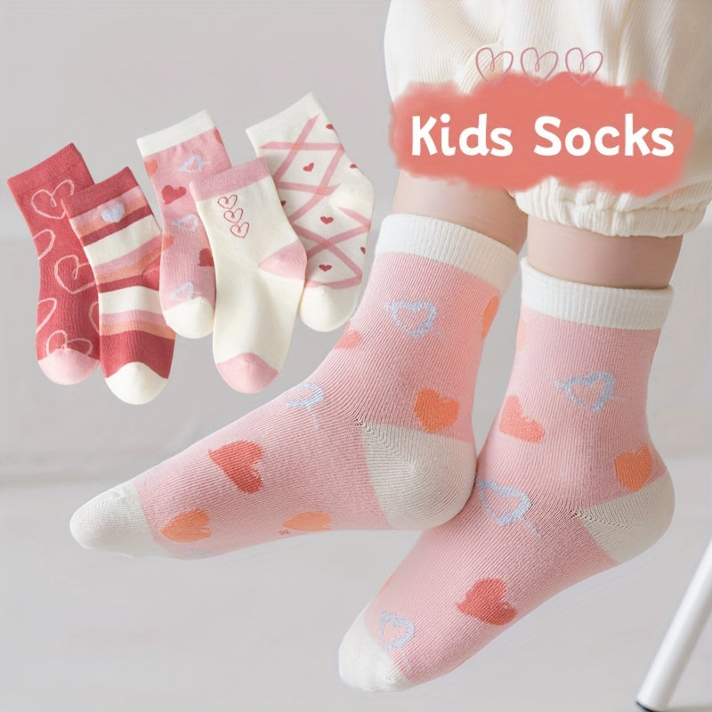 10 pairs of girl's knitted socks with cartoon heart pattern, soft and breathable for outdoor wear.