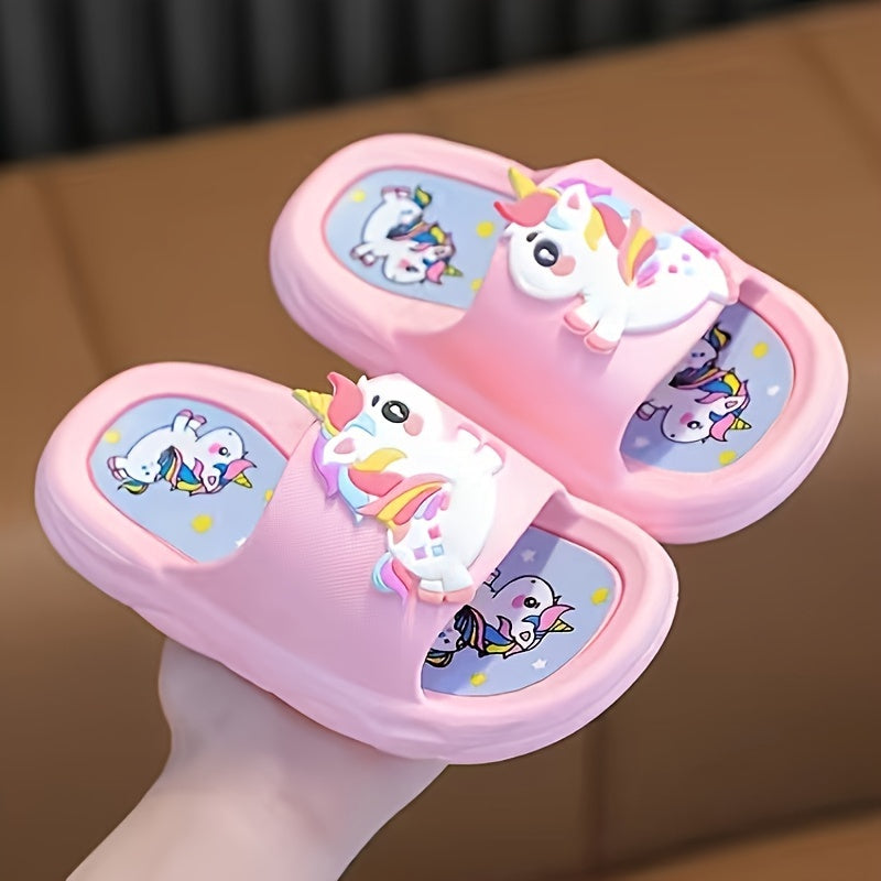 Girls' non-slip unicorn slippers for indoor use year-round.