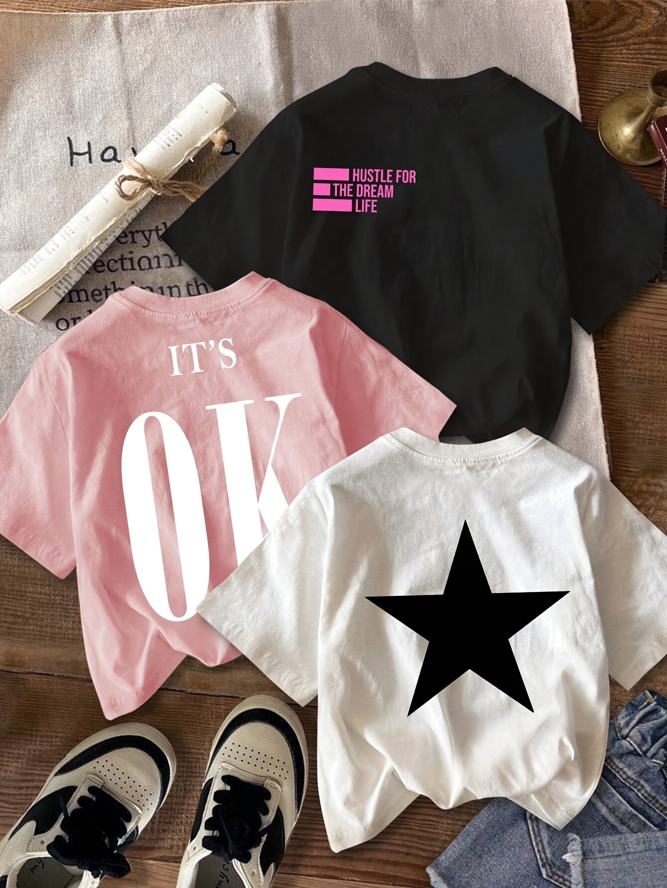 Casual minimalist star & letter print cropped tight fit t-shirts for women, summer, set of 3.