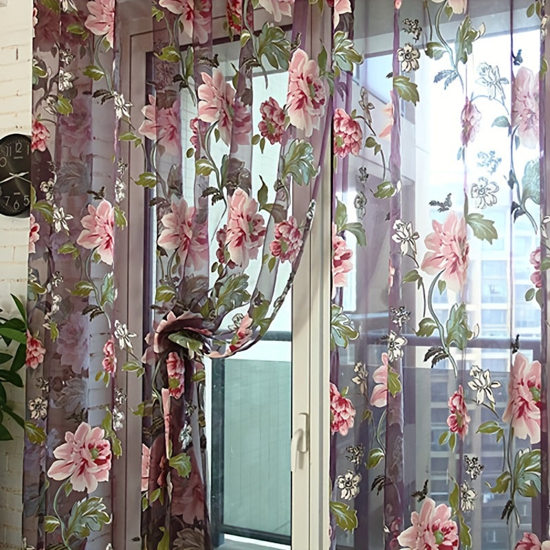 Beautiful Floral Tulle Sheer Curtain Panel - Made of Lightweight Polyester, Features Rod Pocket Design, Stunning Purple & Yellow Flowers Pattern Perfect for Living Room Decor, Enhances Natural Light in the Room| Includes Rod Pocket Valance|Crafted with