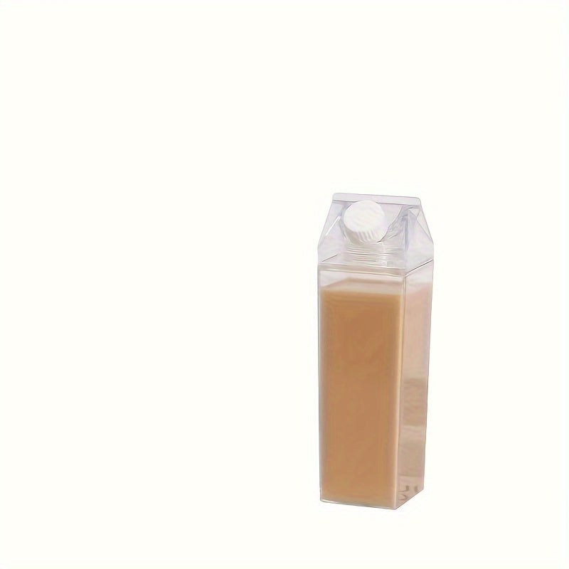 1pc of Creative Milk Carton Water Bottles made of transparent plastic, available in 500ml or 1000ml sizes. These reusable bottles feature a leak-proof screw cap and are ideal for carrying milk, juice, and tea for home or outdoor use.