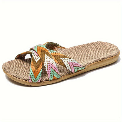 Women's Striped Linen Slippers - Comfortable Summer Fashion with EVA Sole