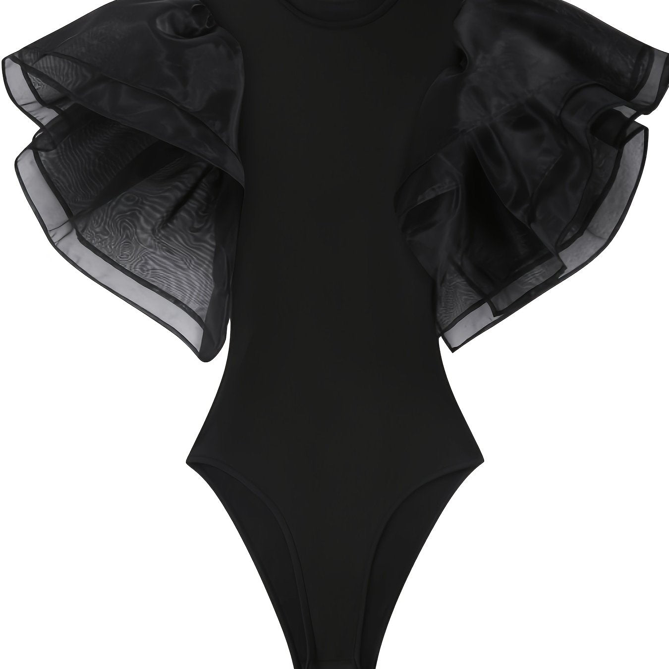 Chic black mesh bodysuit with ruffle sleeves - crew neck, stretchy polyester blend, machine washable - perfect for all seasons.