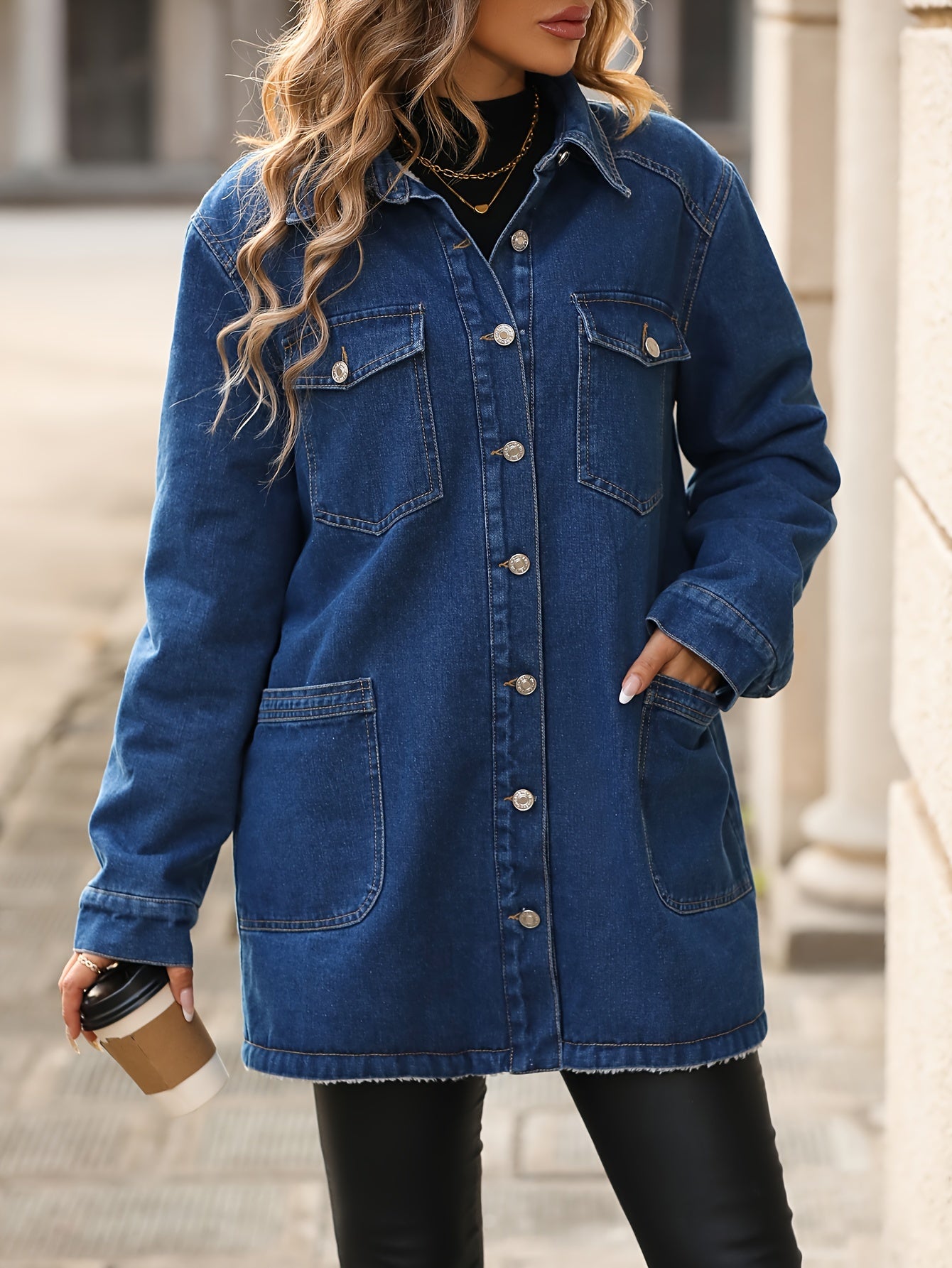 Denim jacket with pockets for women, 85% polyester, 15% non-stretch solid color, button detail, woven fabric, 386g/m² weight, ideal for fall/winter.