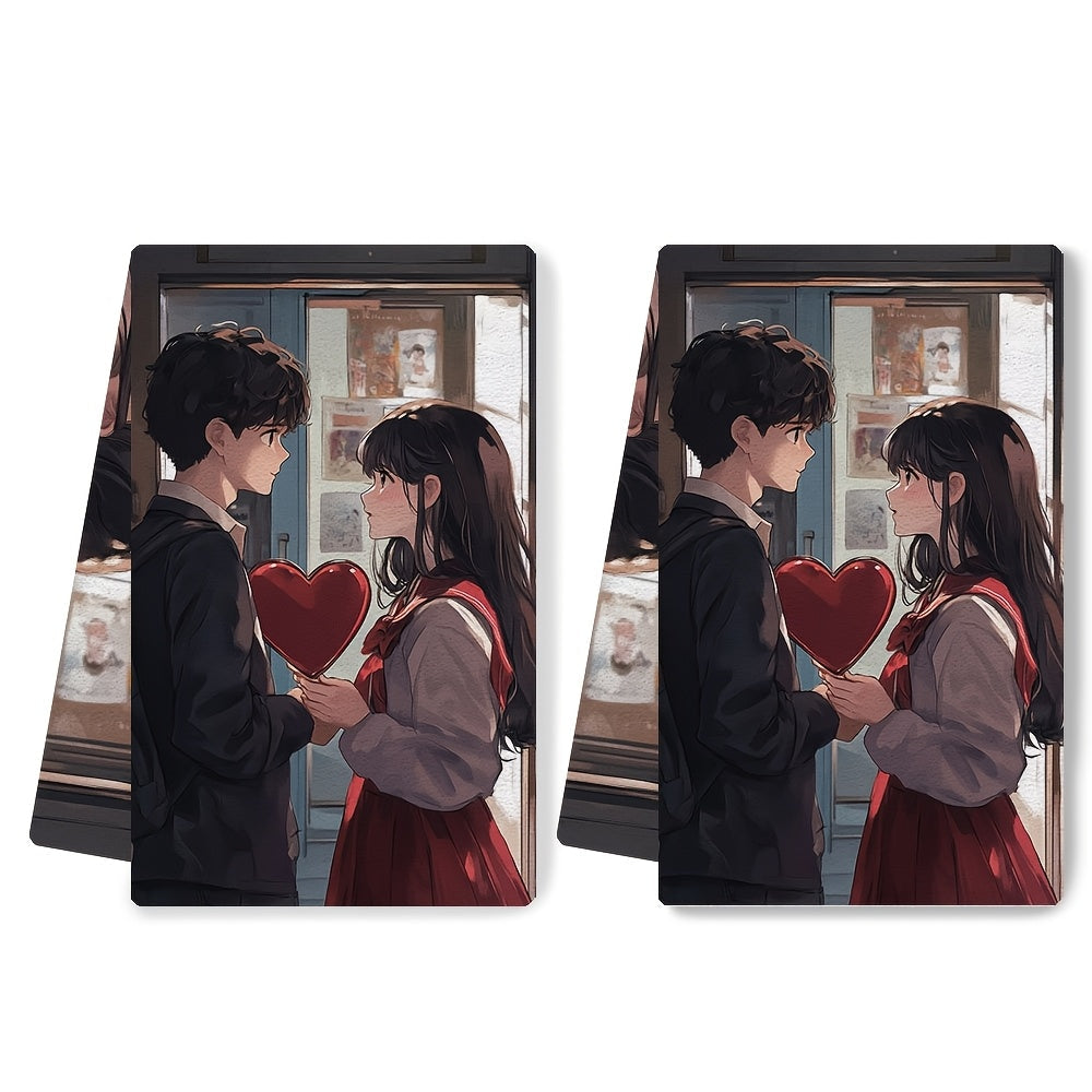 Set of 2 Ultra Soft Kitchen Towels featuring an adorable anime boy presenting a heart-shaped mirror to an anime girl, who is joyfully looking at her reflection. These highly absorbent dish hand towels are perfect for holiday decor. Machine washable for