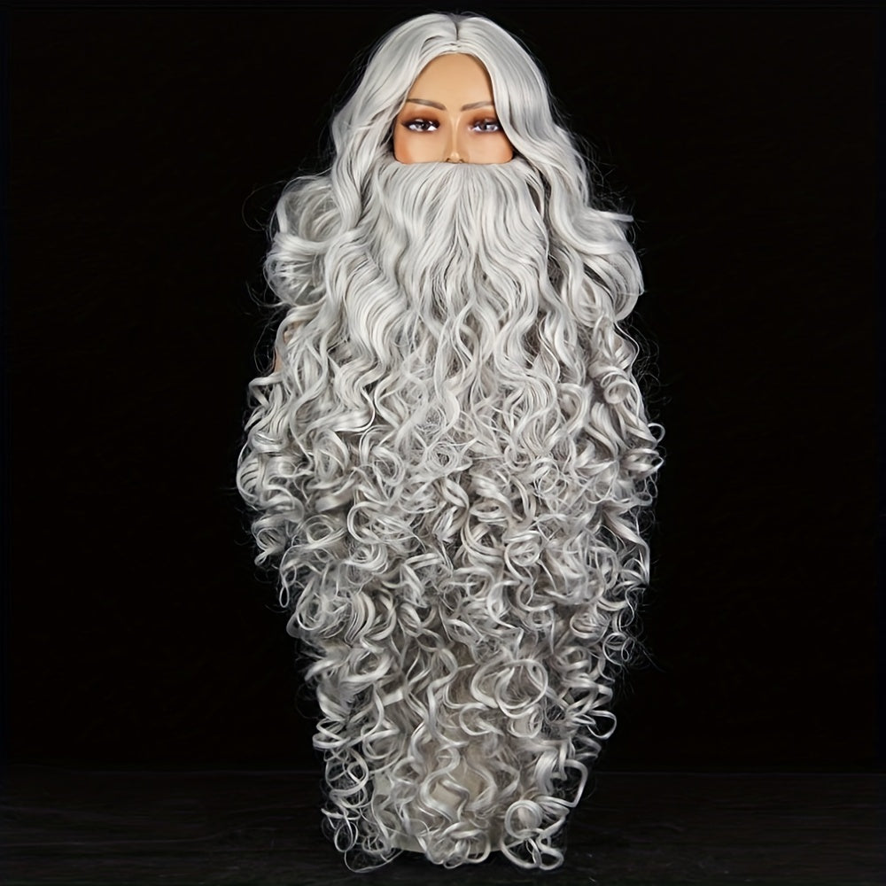 Santa Claus Beard Wig, Men's Costume Accessory, Made of Polyester, Features Funky Curly Style, Color: White, Can be Machine Washed and is Heat Resistant