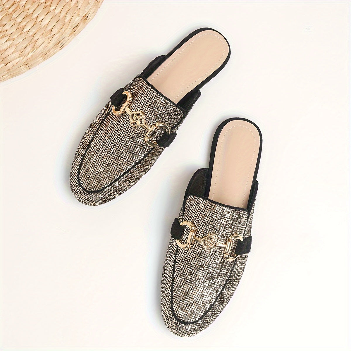 Golden sequin mules with metallic buckle, almond toe, faux leather upper, rubber sole. Perfect for summer fashion.