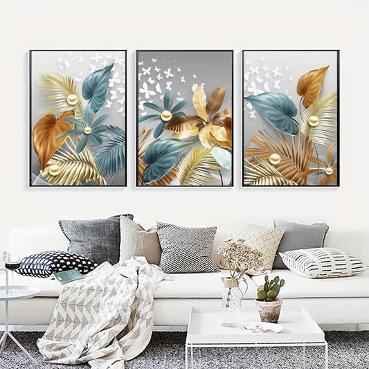 Luxury canvas print posters set of 3 featuring flower and leaf artwork for various rooms, no frames included.