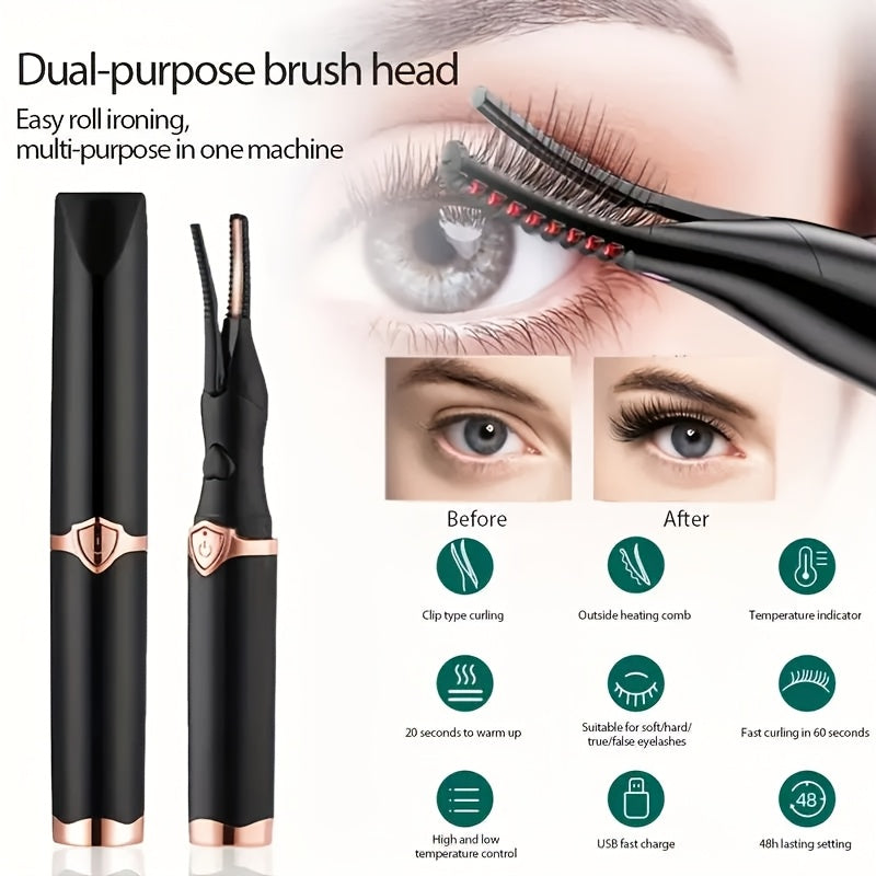 Electric eyelash curler with heated brush, USB rechargeable, 3 temperature settings, quick preheat, portable for travel, long-lasting curl, lithium polymer battery.