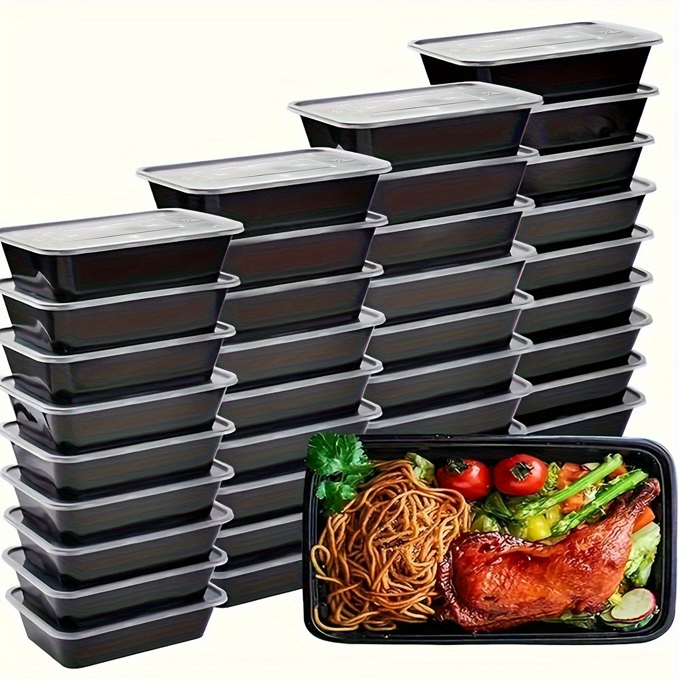 30 26 oz plastic food prep containers with lids. BPA free, safe for microwaves and dishwashers. Leak-resistant and stackable design for easy storage. Reusable takeout containers perfect for meal prepping and packing lunches.