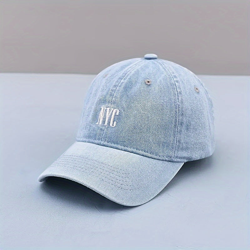 Casual-style denim baseball cap with embroidered NYC logo, adjustable unisex fashion hat for outdoor activities.