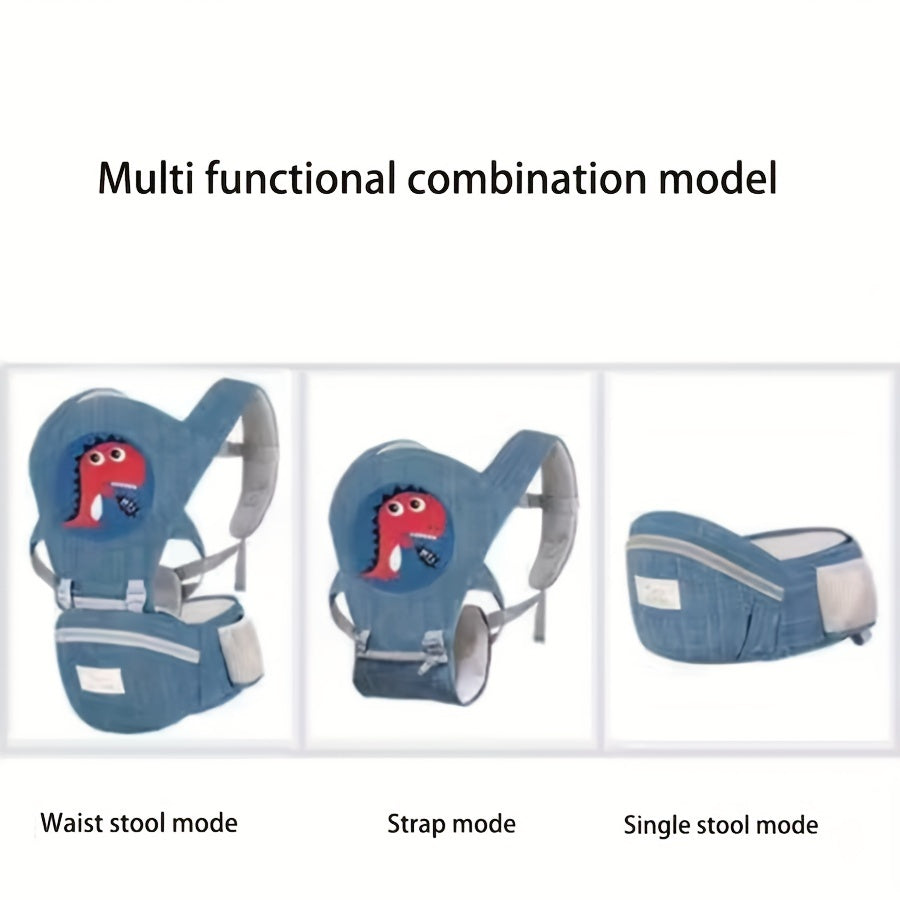 Versatile carrier sling and waist stool, reversible design for front or back use, lightweight and essential for all seasons travel. Hand wash only, made of polyester in mixed colors.