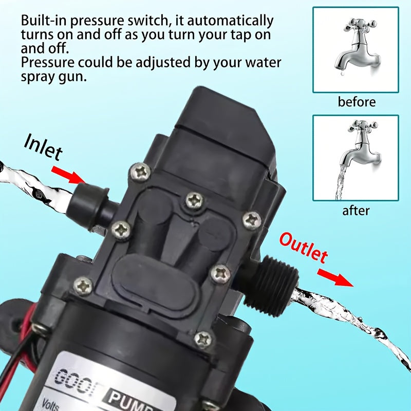 High-Pressure 130PSI Diaphragm Water Pump - Self-Priming, 6L/Min Flow | Easy Installation for RVs, Boats, and Gardens | Durable 12V with Auto Switch.