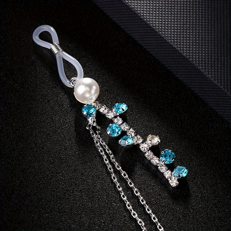 Sleek Blue Rhinestone Tassel Body Chain with pearl Nipples for Nightclub